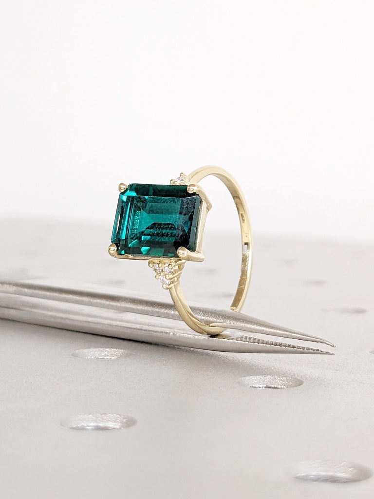 Lab Grown Emerald Ring, 14k Yellow Gold Diamond Cluster Emerald Cut Engagement Ring