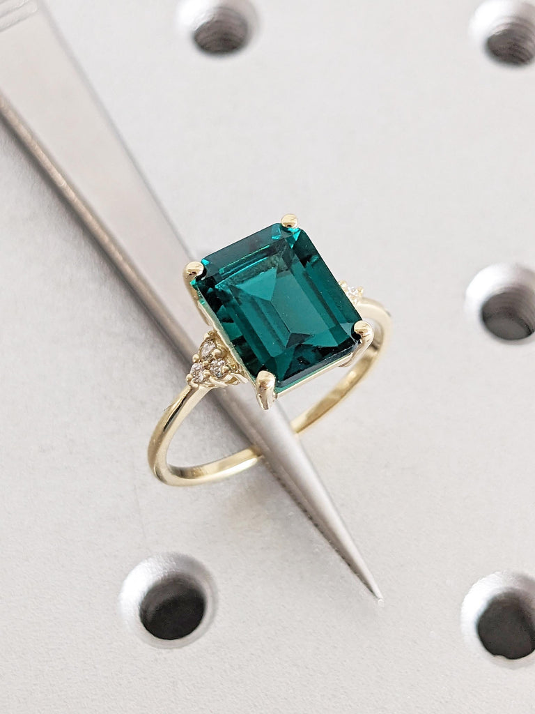 14k Yellow Gold Diamond Cluster Emerald Cut Engagement Ring