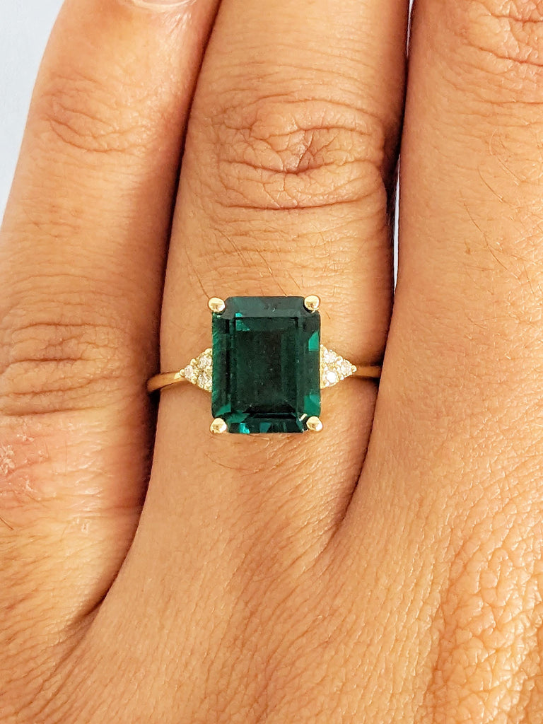 Lab Grown Emerald Ring, 14k Yellow Gold Diamond Cluster Emerald Cut Engagement Ring