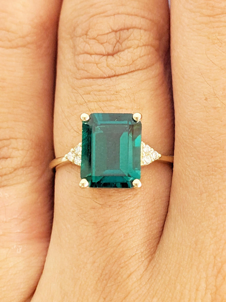 Lab Grown Emerald Ring, 14k Yellow Gold Diamond Cluster Emerald Cut Engagement Ring