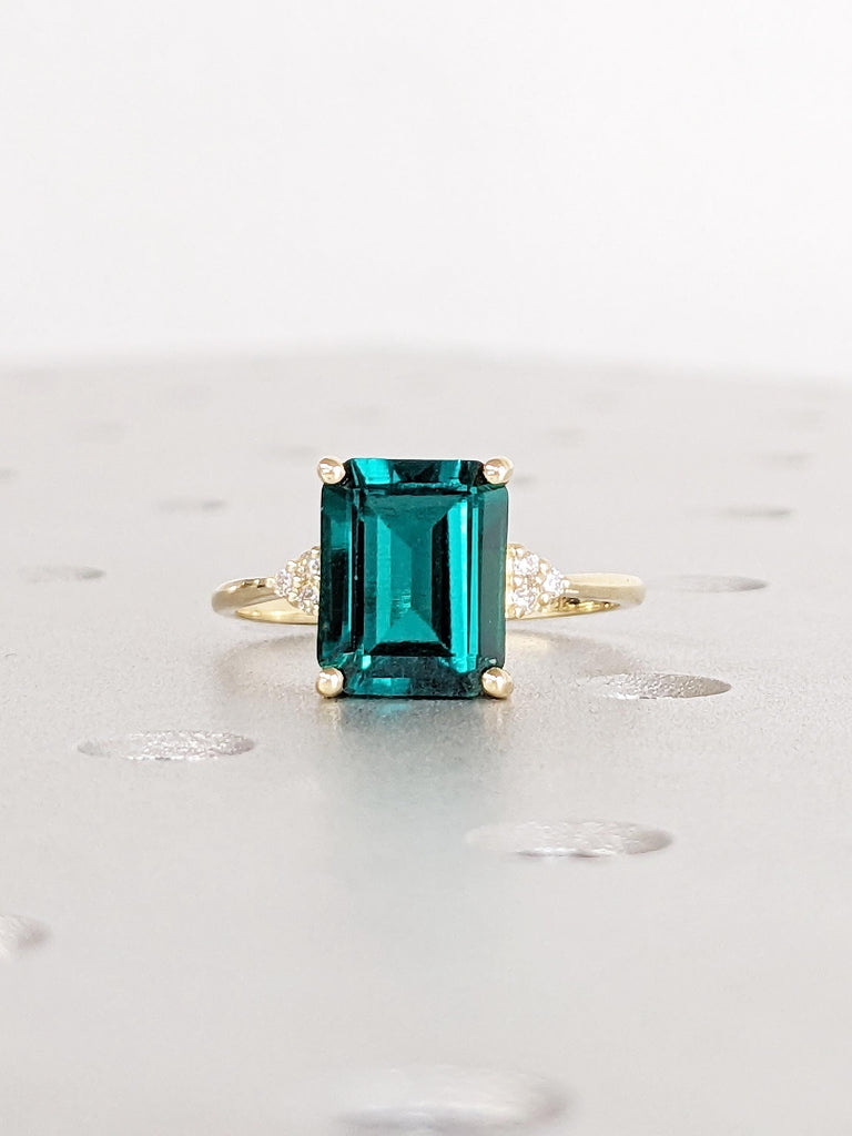 Lab Grown Emerald Ring, 14k Yellow Gold Diamond Cluster Emerald Cut Engagement Ring