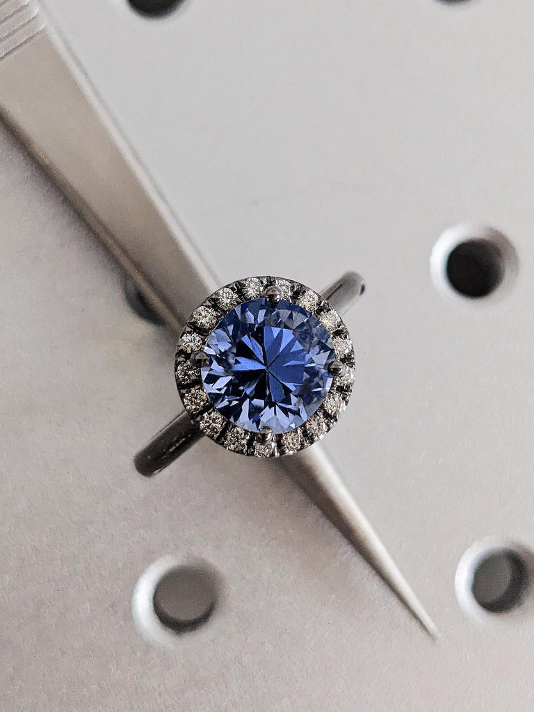 Diamond Halo Sapphire Engagement Ring, Blue Virgo Birthstone Women’s Black Gold Wedding Band