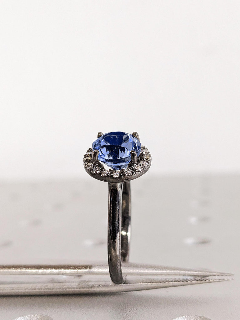 Diamond Halo Sapphire Engagement Ring, Blue Virgo Birthstone Women’s Black Gold Wedding Band