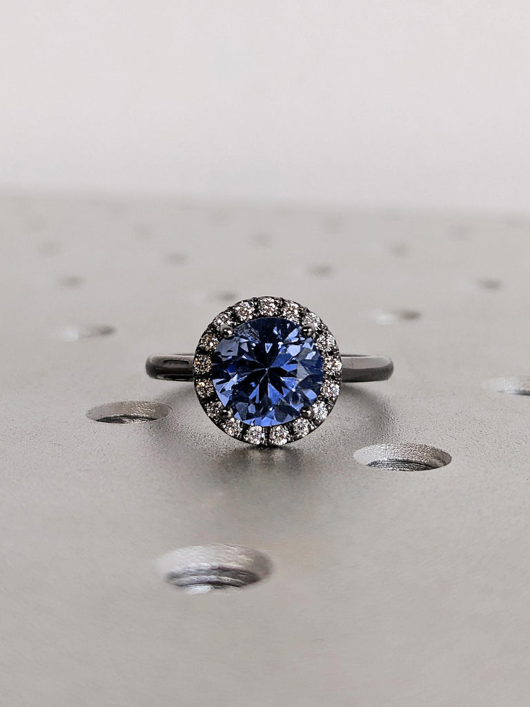 Blue Sapphire and Diamond Halo Engagement Ring, 14K Solid Black Gold Virgo Birthstone, Unique Women's Anniversary Ring, Everyday Jewelry image #2