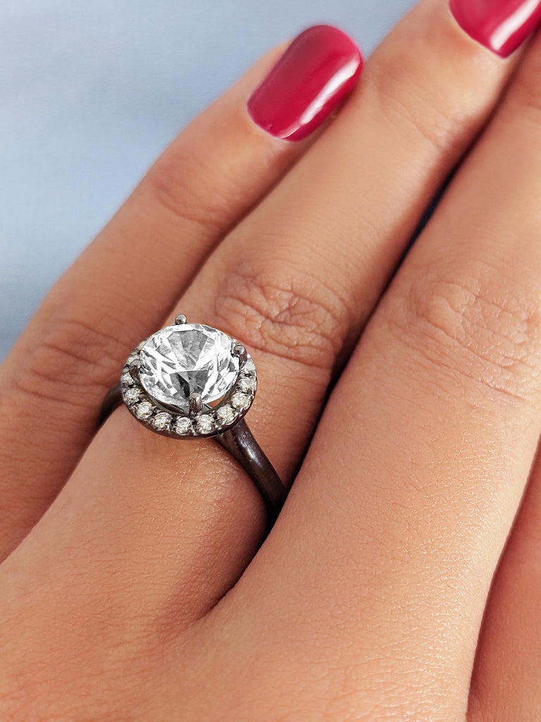Black Gold Lab Grown Diamond Wedding Ring, Round Diamond Halo Engagement Band For Her