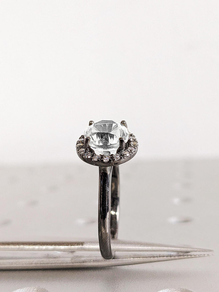 14K Black Gold Moissanite Wedding Band, Round Cut Halo Diamond Ring, Diamond Anniversary Ring, Bridal Engagement Band, Promise Ring For Her