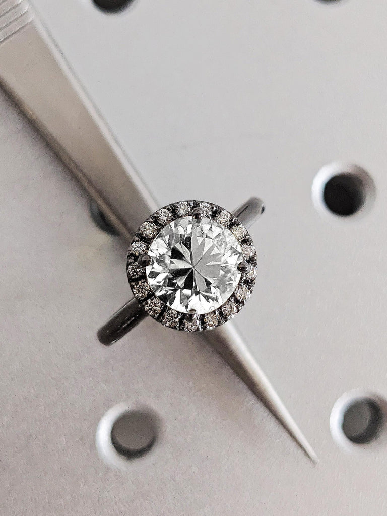 White Moissanite Engagement Ring: Round Cut Diamond Halo, 14K Solid Black Gold Wedding Band