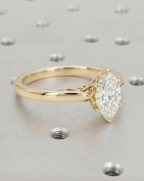 14k Solid Yellow Gold Marquise Cut Solitaire Moissanite Ring | 1-4ct 6 Prongs Anniversary Diamond Ring For Her | Filigree Wedding Ring