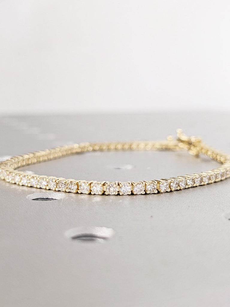 Round Cut Moissanite Tennis Bracelet, Stackable 14k Solid Gold VVS Moissanite Eternity Minimalist Bracelet, Dainty Anniversary Jewelry