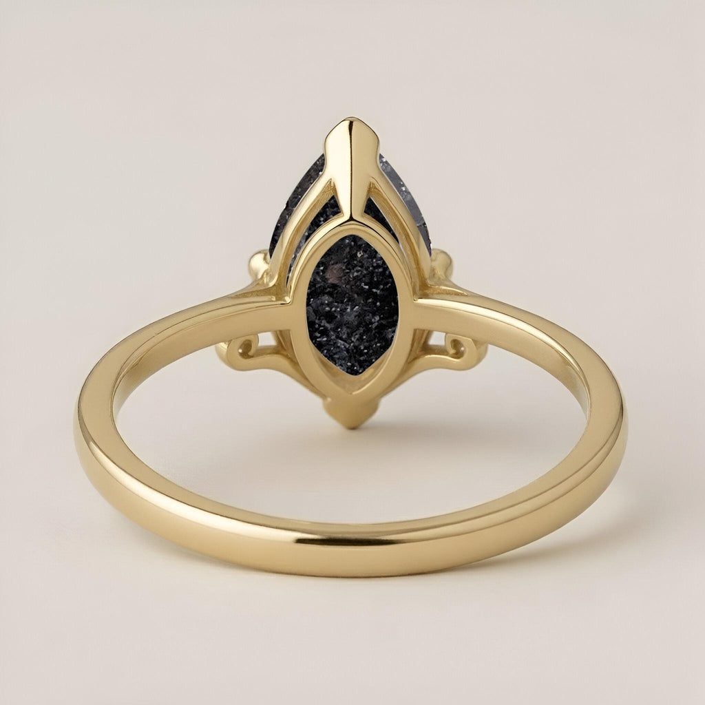 Marquise Salt and Pepper Diamond Ring, 14k Yellow Gold Vintage Filigree Engagement Ring, Unique Solitaire Rings, Alternative Bridal Jewelry