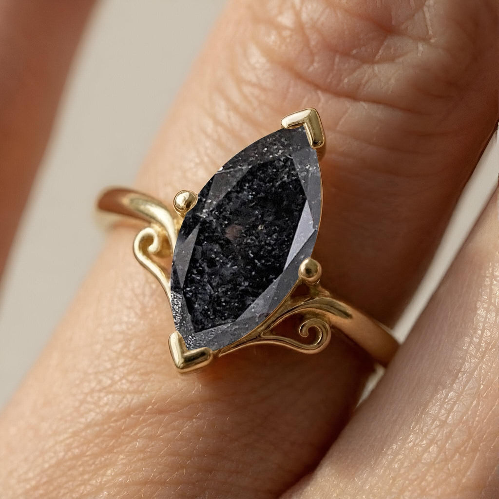Marquise Salt and Pepper Diamond Ring, 14k Yellow Gold Vintage Filigree Engagement Ring, Unique Solitaire Rings, Alternative Bridal Jewelry