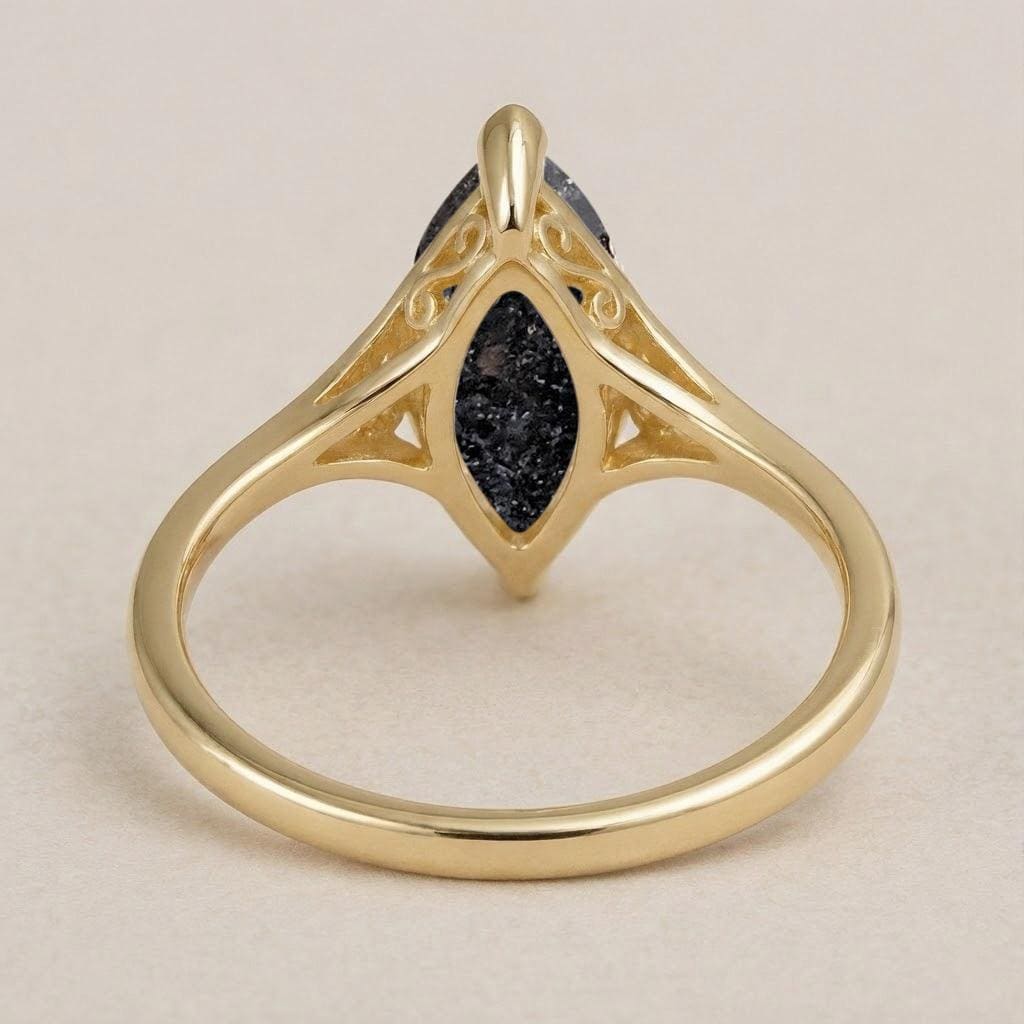 Marquise Salt and Pepper Diamond Engagement Ring, Filigree 14k Solid Gold Solitaire Ring, Vintage Statement Rings for Women, Diamond Jewelry