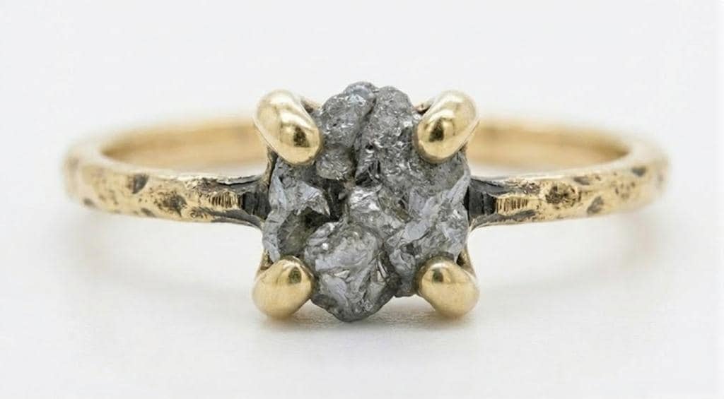 1-3 Carat Raw Diamond Ring, Dainty 14k Solid Gold Uncut Salt and Pepper Engagement Rings for Women, Solitaire Ring, Rustic Hammered Band image #3