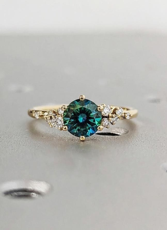 Green Peacock Sapphire Snowdrift Engagement Ring, 18K Gold Cluster Diamond Wedding Ring, Libra Birthstone