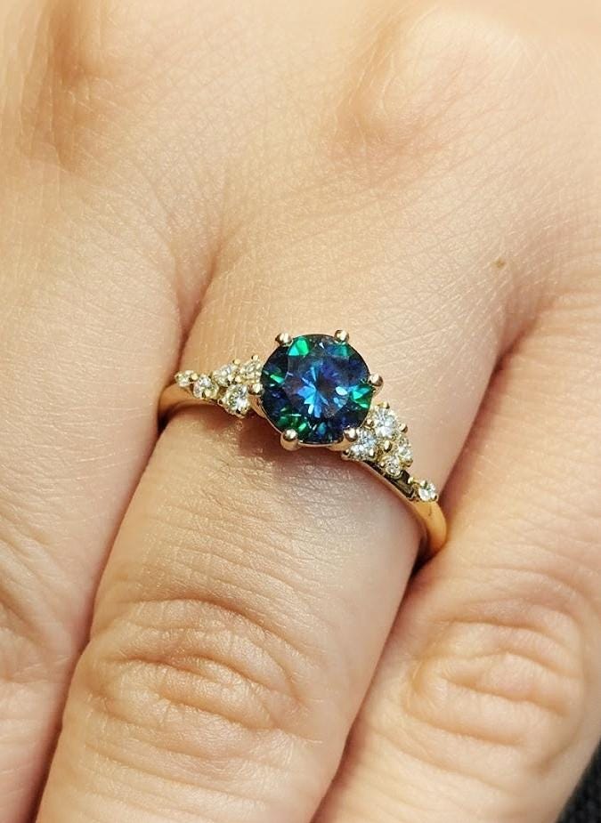 Green Peacock Sapphire Snowdrift Engagement Ring, 18K Gold Cluster Diamond Wedding Ring, Libra Birthstone