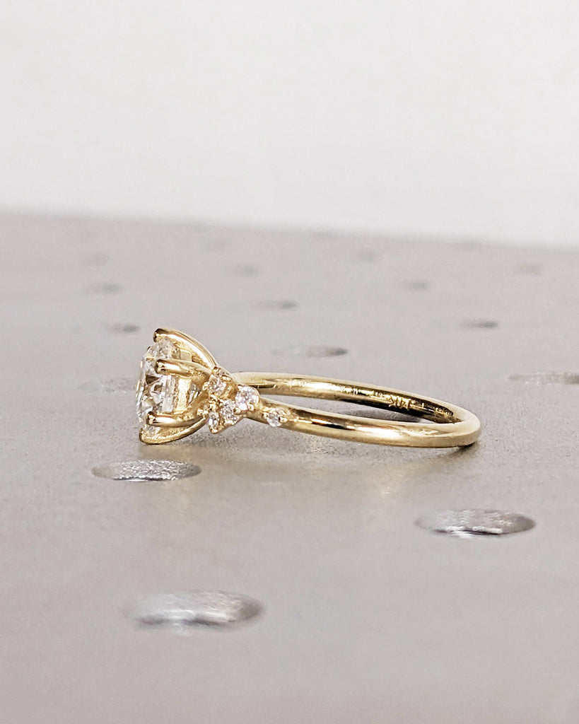 Round Lab Grown Diamond 14K Solid Gold Engagement Ring, Unique Snowdrift 6 Prong Diamond Cluster Promise Ring, Vintage Wedding Ring for Her