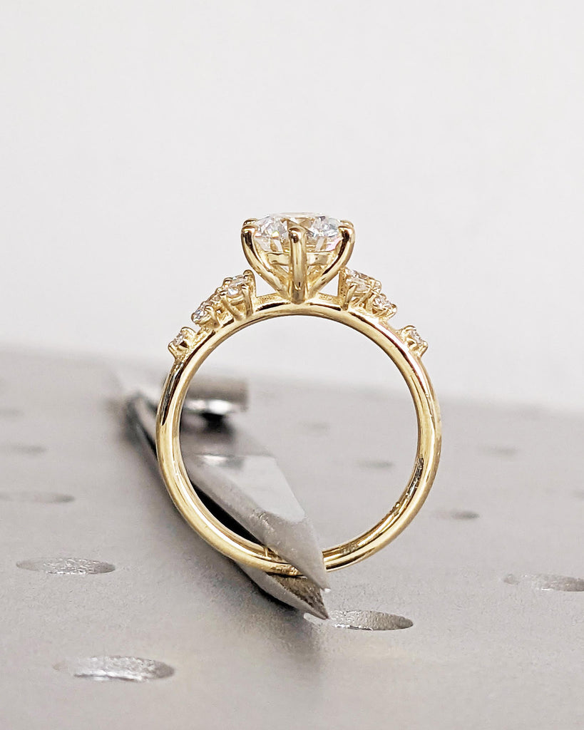 Round Lab Grown Diamond 14K Solid Gold Engagement Ring, Unique Snowdrift 6 Prong Diamond Cluster Promise Ring, Vintage Wedding Ring for Her