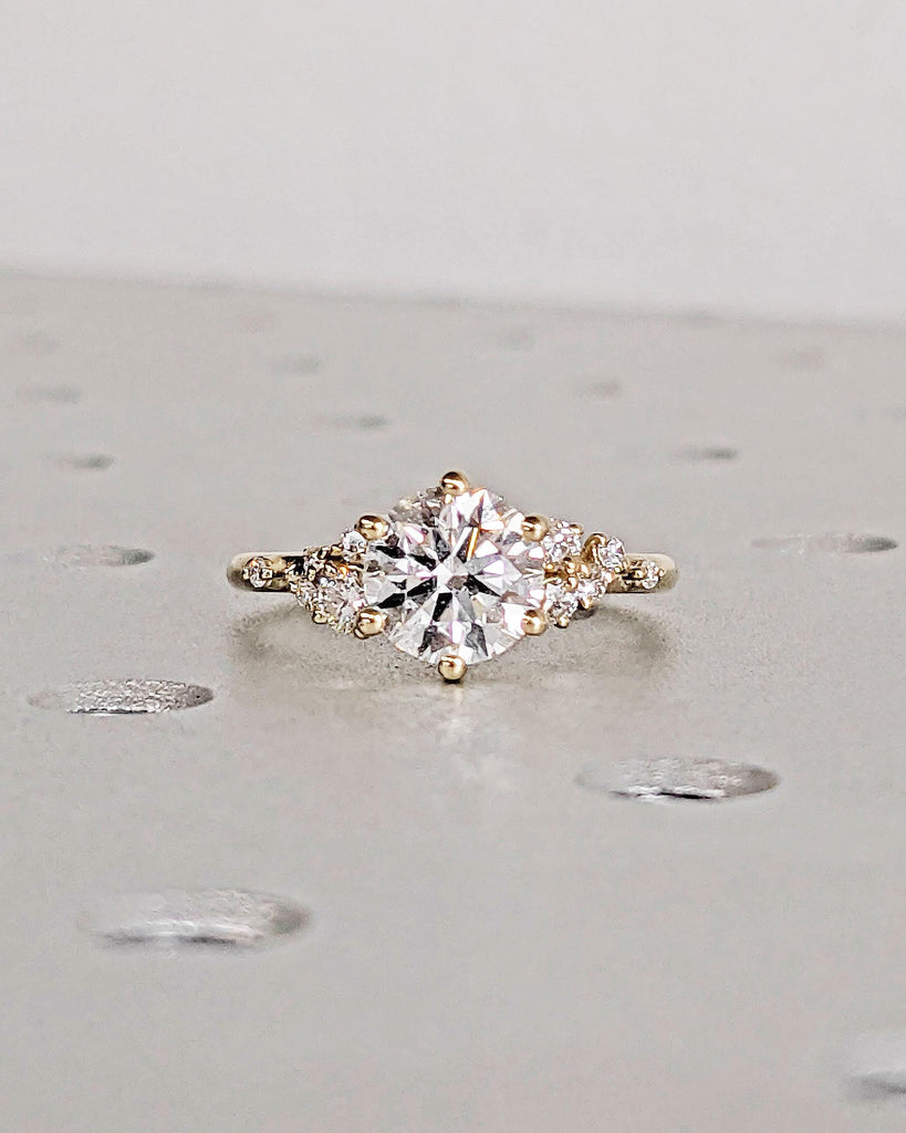 Round Lab Grown Diamond 14K Solid Gold Engagement Ring, Unique Snowdrift 6 Prong Diamond Cluster Promise Ring, Vintage Wedding Ring for Her