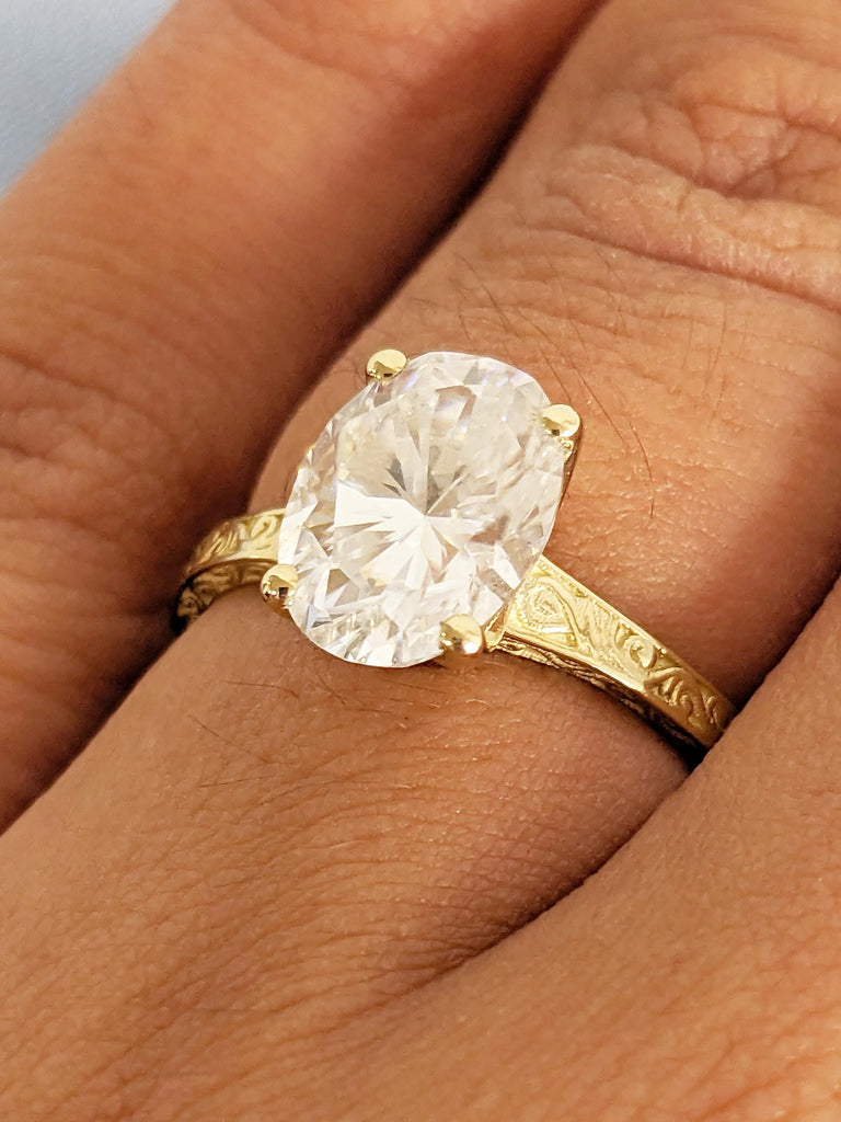 Oval Moissanite Engagement Ring, Filigree 4 prong 14k Yellow Gold Band, Vintage Solitaire Wedding Anniversary Ring, Unique Bridal Jewelry