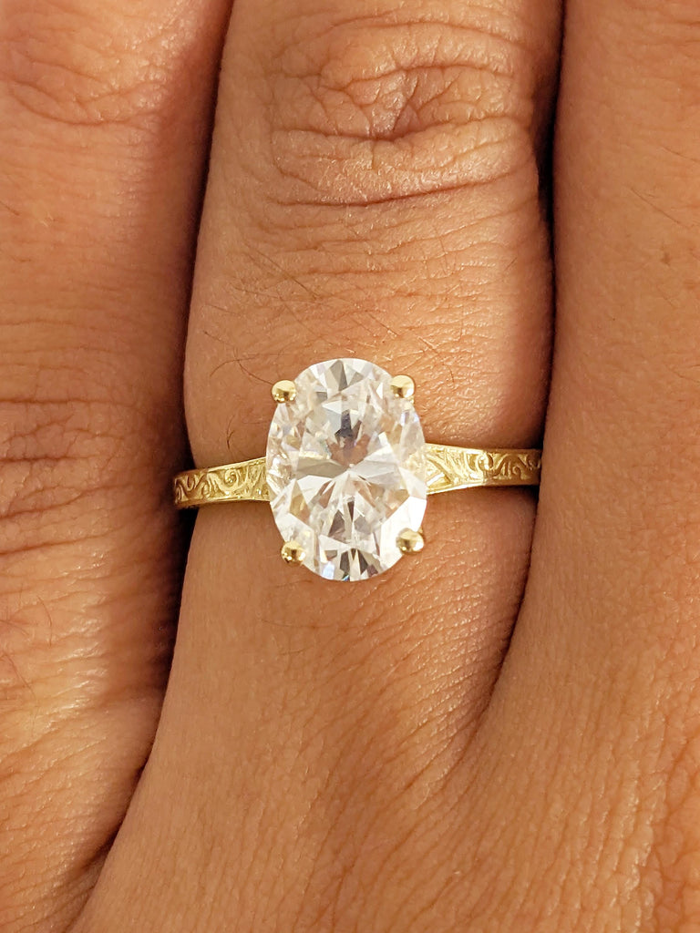 Oval Moissanite Engagement Ring, Filigree 4 prong 14k Yellow Gold Band, Vintage Solitaire Wedding Anniversary Ring, Unique Bridal Jewelry