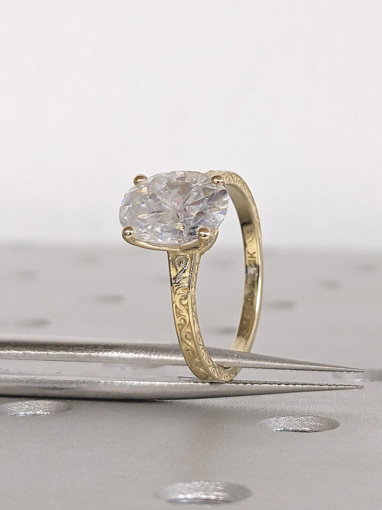 Oval Moissanite Engagement Ring, Filigree 4 prong 14k Yellow Gold Band, Vintage Solitaire Wedding Anniversary Ring, Unique Bridal Jewelry