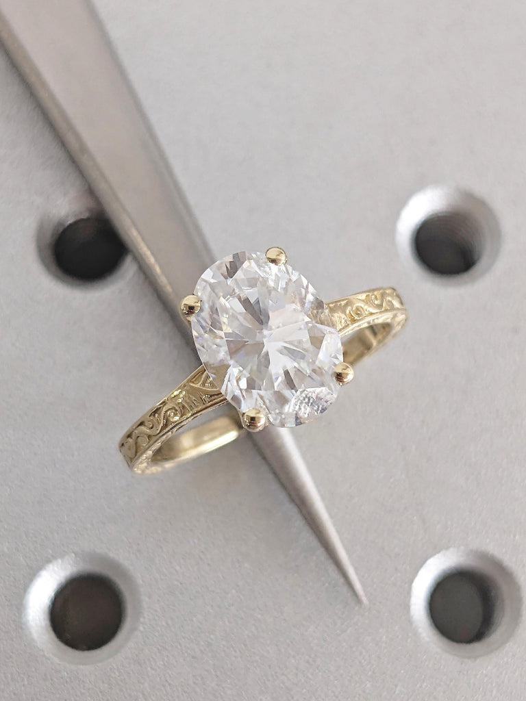 Oval Moissanite Engagement Ring, Filigree 4 prong 14k Yellow Gold Band, Vintage Solitaire Wedding Anniversary Ring, Unique Bridal Jewelry