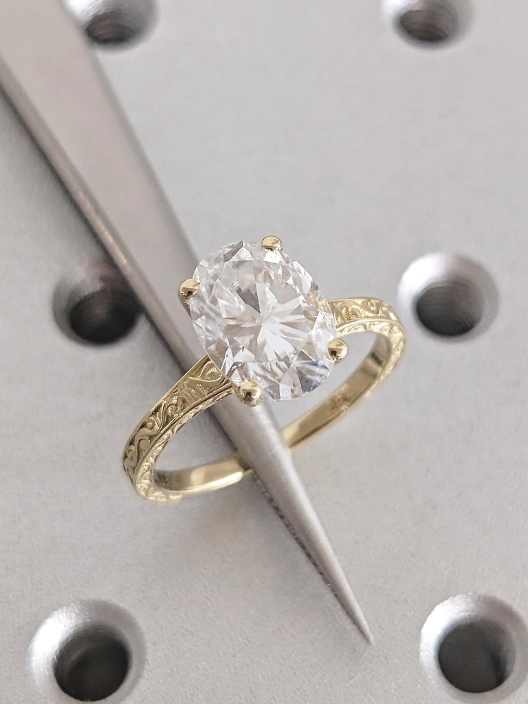 Oval Moissanite Engagement Ring, Filigree 4 prong 14k Yellow Gold Band, Vintage Solitaire Wedding Anniversary Ring, Unique Bridal Jewelry