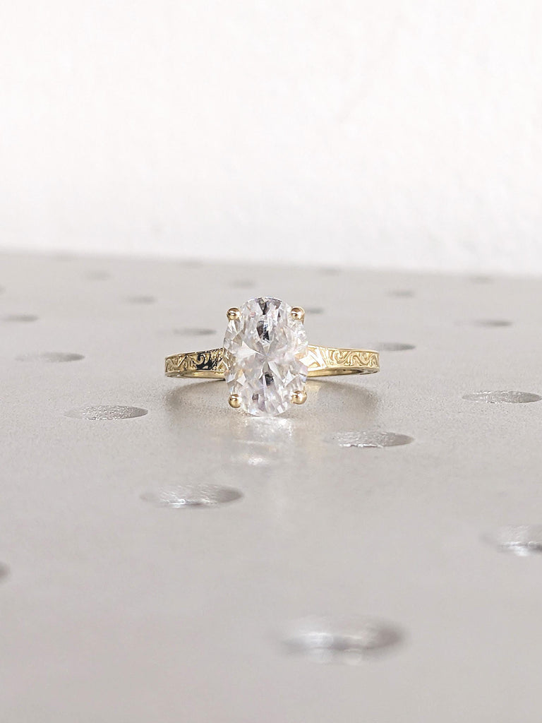 Oval Moissanite Engagement Ring, Filigree 4 prong 14k Yellow Gold Band, Vintage Solitaire Wedding Anniversary Ring, Unique Bridal Jewelry