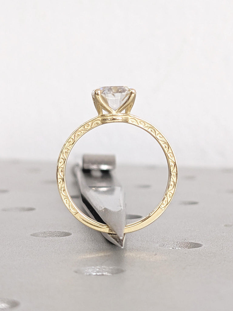 Oval Moissanite Engagement Ring, Filigree 4 prong 14k Yellow Gold Band, Vintage Solitaire Wedding Anniversary Ring, Unique Bridal Jewelry