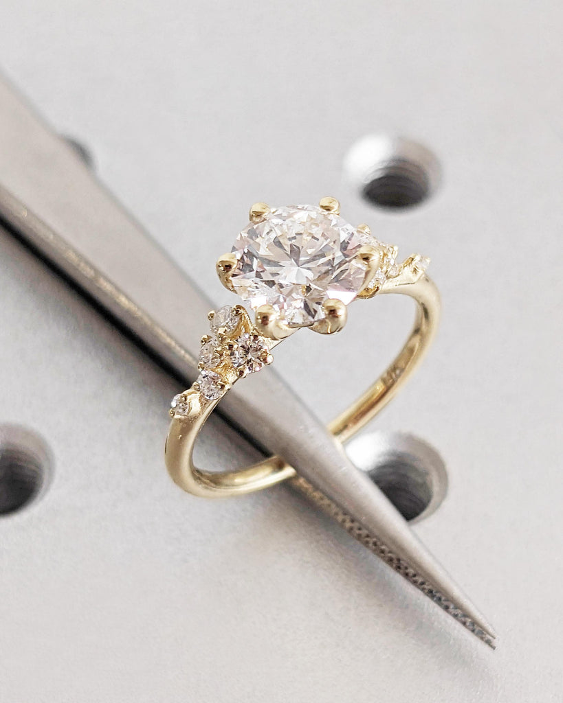 Round Lab Grown Diamond 14K Solid Gold Engagement Ring, Unique Snowdrift 6 Prong Diamond Cluster Promise Ring, Vintage Wedding Ring for Her