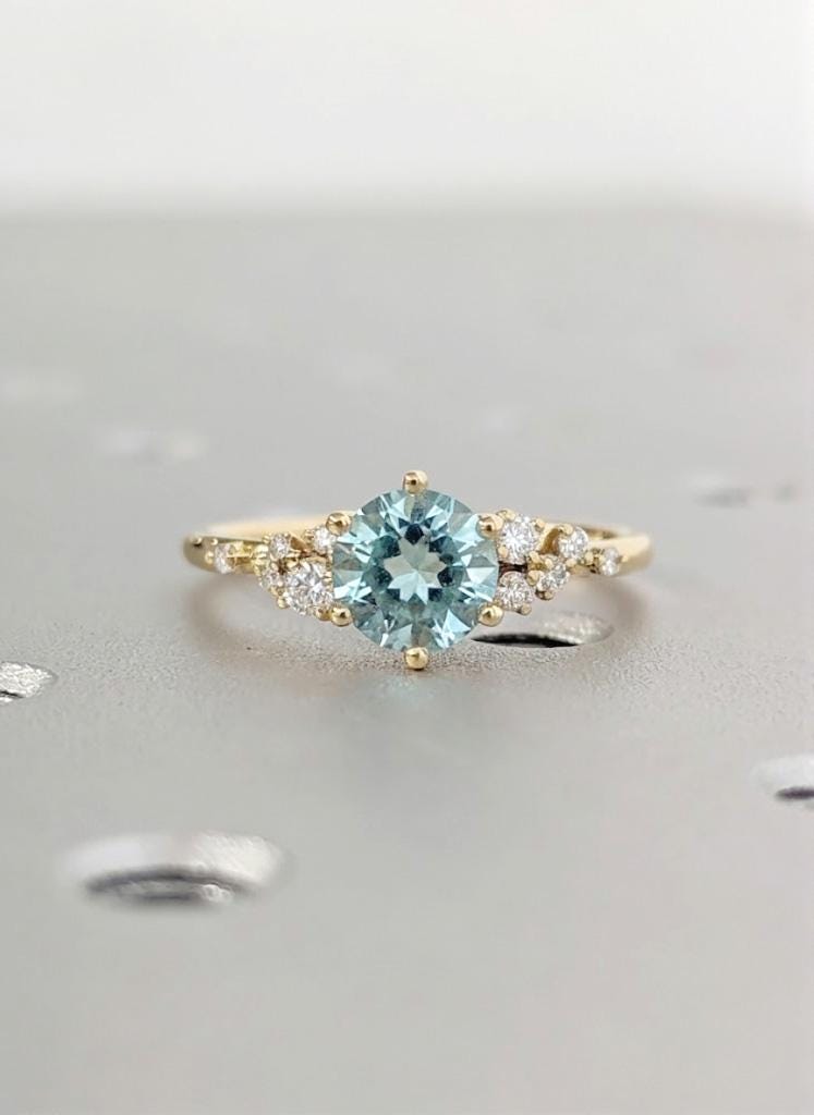 Round Lab Aquamarine Engagement Ring, Art Deco 18K Yellow Gold Snowdrift Diamond Cluster Ring, Light Blue Gemstone, Bridal Wedding Jewelry