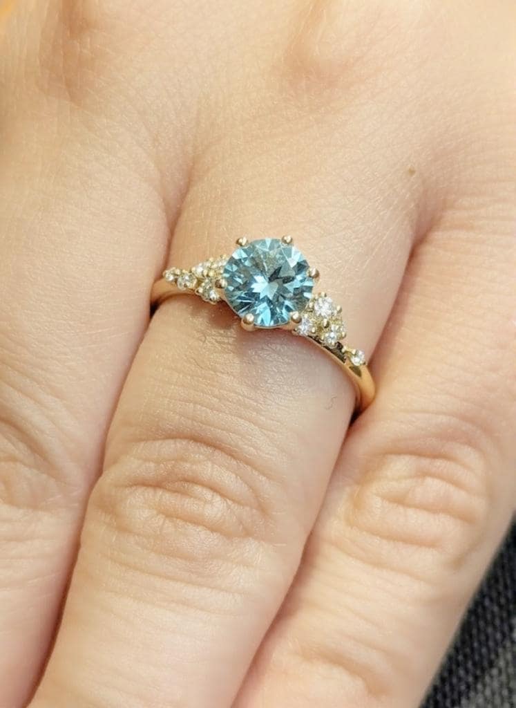 Round Lab Aquamarine Engagement Ring, Art Deco 18K Yellow Gold Snowdrift Diamond Cluster Ring, Light Blue Gemstone, Bridal Wedding Jewelry