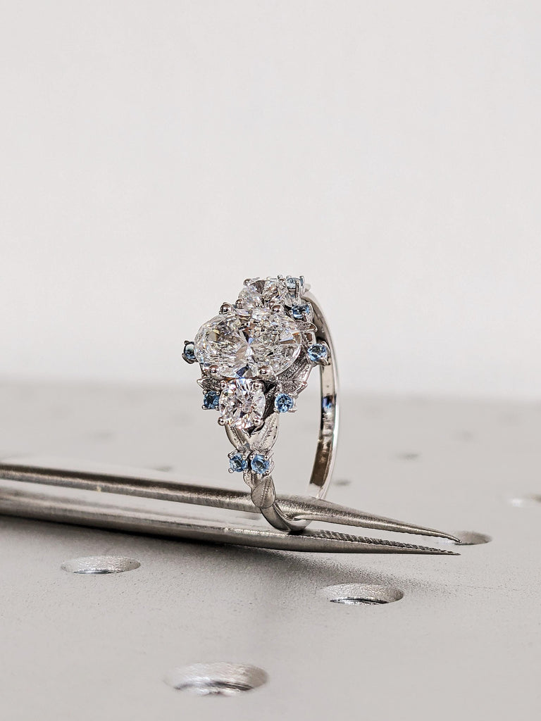 White Gold Lab Diamond Nature Inspired Engagement Ring, Round Cut Blue Aquamarine Stone, March Birthstone