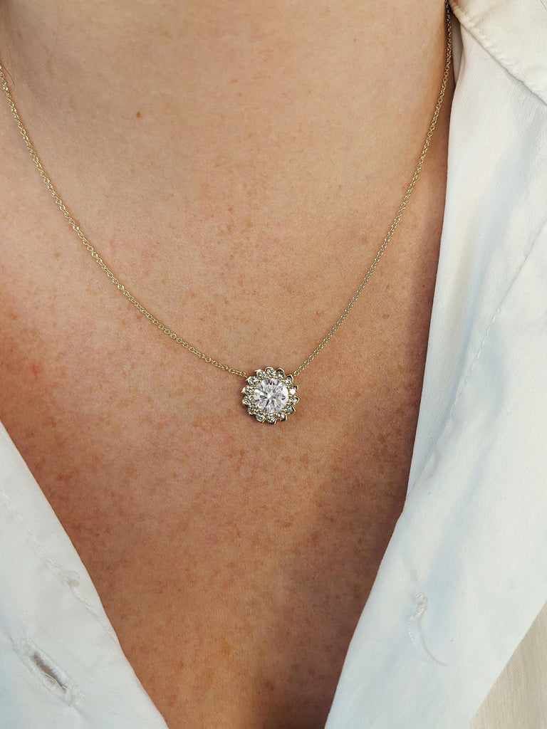 Customized Round Cut Lab Diamond Flower Necklace, 14K Yellow Gold Diamond Chain Pendant, Bridal Jewelry