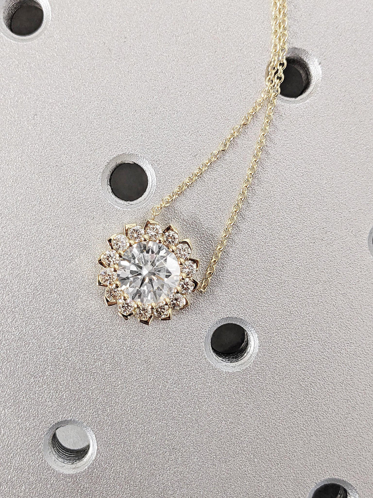Customized Round Cut Lab Diamond Flower Necklace, 14K Yellow Gold Diamond Chain Pendant, Bridal Jewelry
