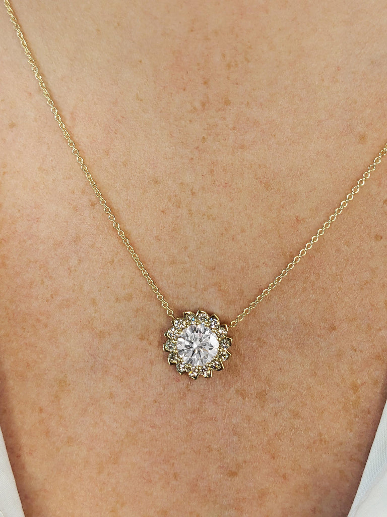 Customized Round Cut Lab Diamond Flower Necklace, 14K Yellow Gold Diamond Chain Pendant, Bridal Jewelry