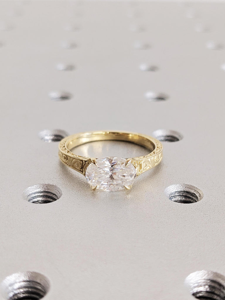 Vintage East West Oval Lab Diamond Engagement Ring, 14K Gold Custom Filigree Engraved Band, Claw Prong Wedding Ring