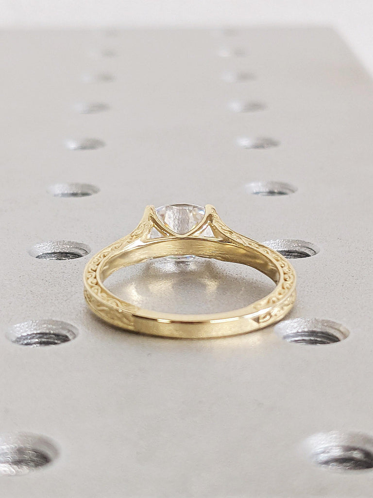 14K Gold East West Oval Moissanite Engagement Ring, Vintage Filigree Engraved Band, Art Deco Solitaire Wedding Ring image #2
