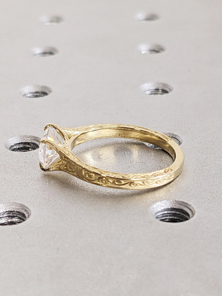 14K Gold East West Oval Moissanite Engagement Ring, Vintage Filigree Engraved Band, Art Deco Solitaire Wedding Ring image #3