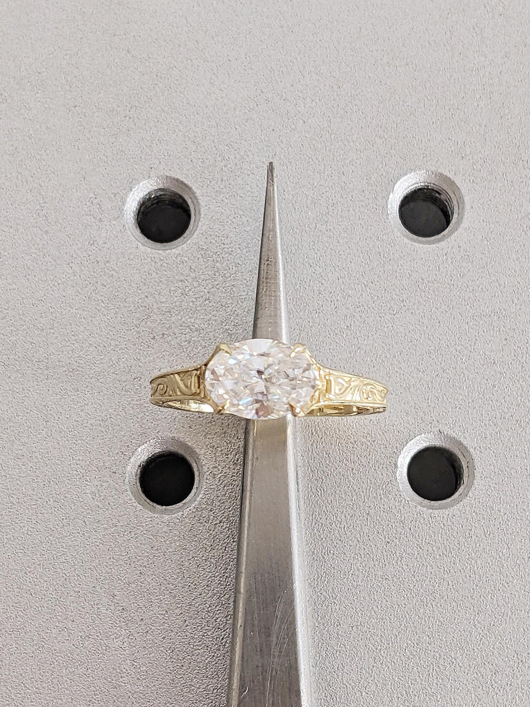 14K Gold East West Oval Moissanite Engagement Ring, Vintage Filigree Engraved Band, Art Deco Solitaire Wedding Ring image #4