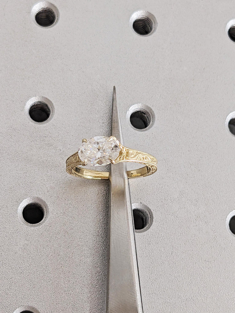14K Gold East West Oval Moissanite Engagement Ring, Vintage Filigree Engraved Band, Art Deco Solitaire Wedding Ring image #5