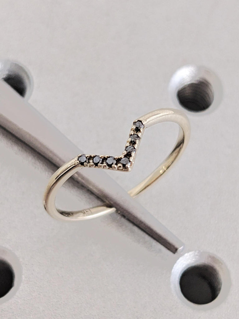 Dainty V Shaped Black Diamond Ring, 14K White Gold Diamond Chevron Matching Ring, Stackable Matching Engagement Ring, Curved Wedding Band