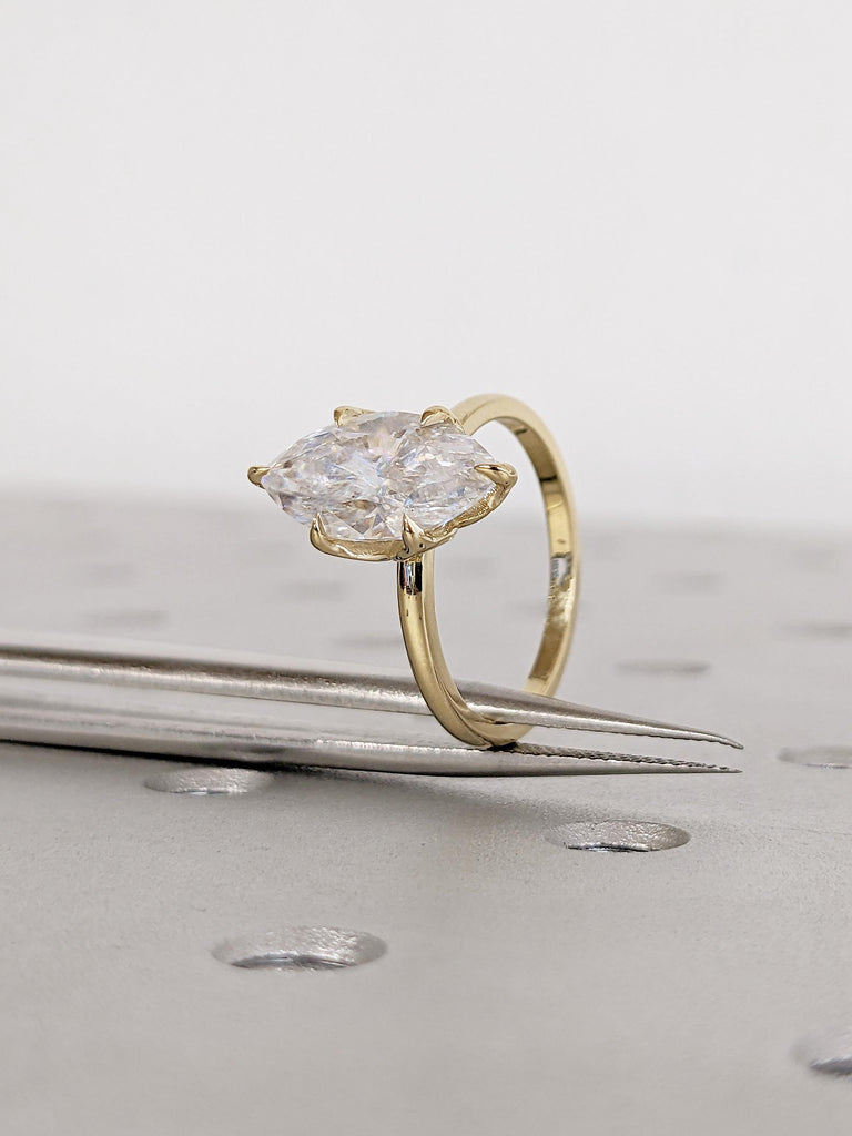 Solitaire 14k Yellow Gold Moissanite Ring, Unique Tulip Basket Marquise Engagement Ring