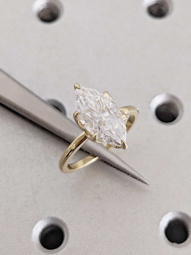 Solitaire 14k Yellow Gold Moissanite Ring, Unique Tulip Basket Marquise Engagement Ring