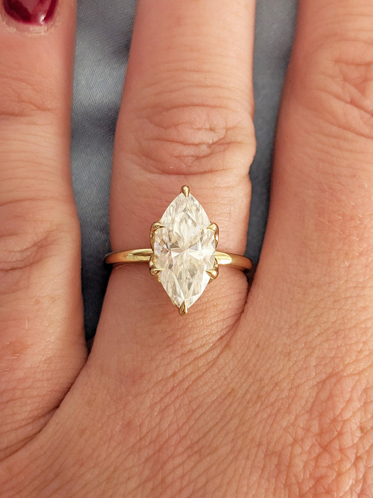 Solitaire 14k Yellow Gold Moissanite Ring, Unique Tulip Basket Marquise Engagement Ring