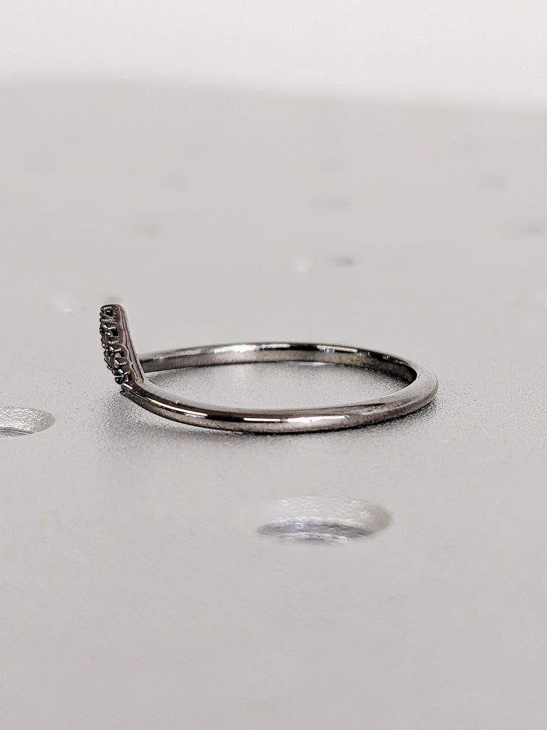 Dainty Black Diamond Chevron Ring, Curved Half Eternity Diamond Matching Engagement Band, Everyday Stacking Jewelry, Promise Ring For Her