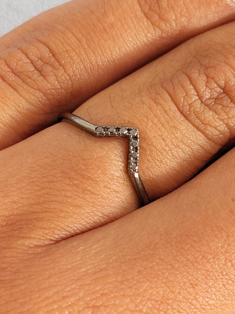 14K Black Gold Diamond Chevron Matching Band, Curved Half Eternity Black Diamond Ring, Dainty Wedding Band image #8