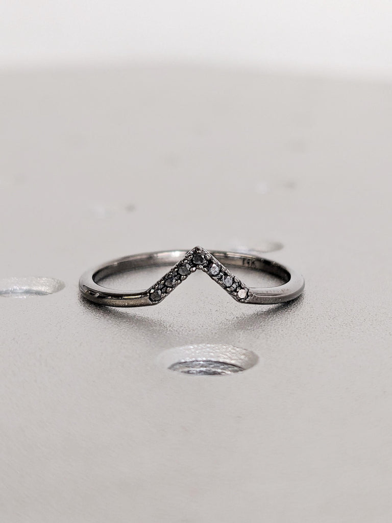 14K Black Gold Diamond Chevron Matching Band, Curved Half Eternity Black Diamond Ring, Dainty Wedding Band