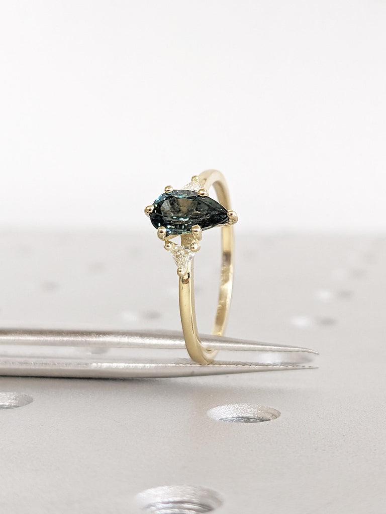 One-of-a-Kind Montana Sapphire Ring, 14k Yellow Gold Pear Shaped Engagement Ring, Three Stone Diamond and Blue Green Sapphire Birthstone image #10