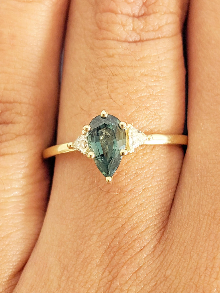 1ct Teal Sapphire Engagement Ring, 14k Solid Gold September Birthstone, Pear Shaped Ring image #7